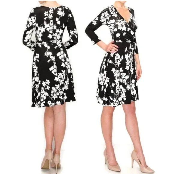 Janette Fashion Black White Floral Faux Wrap Knee Length Dress - Picture 4 of 4